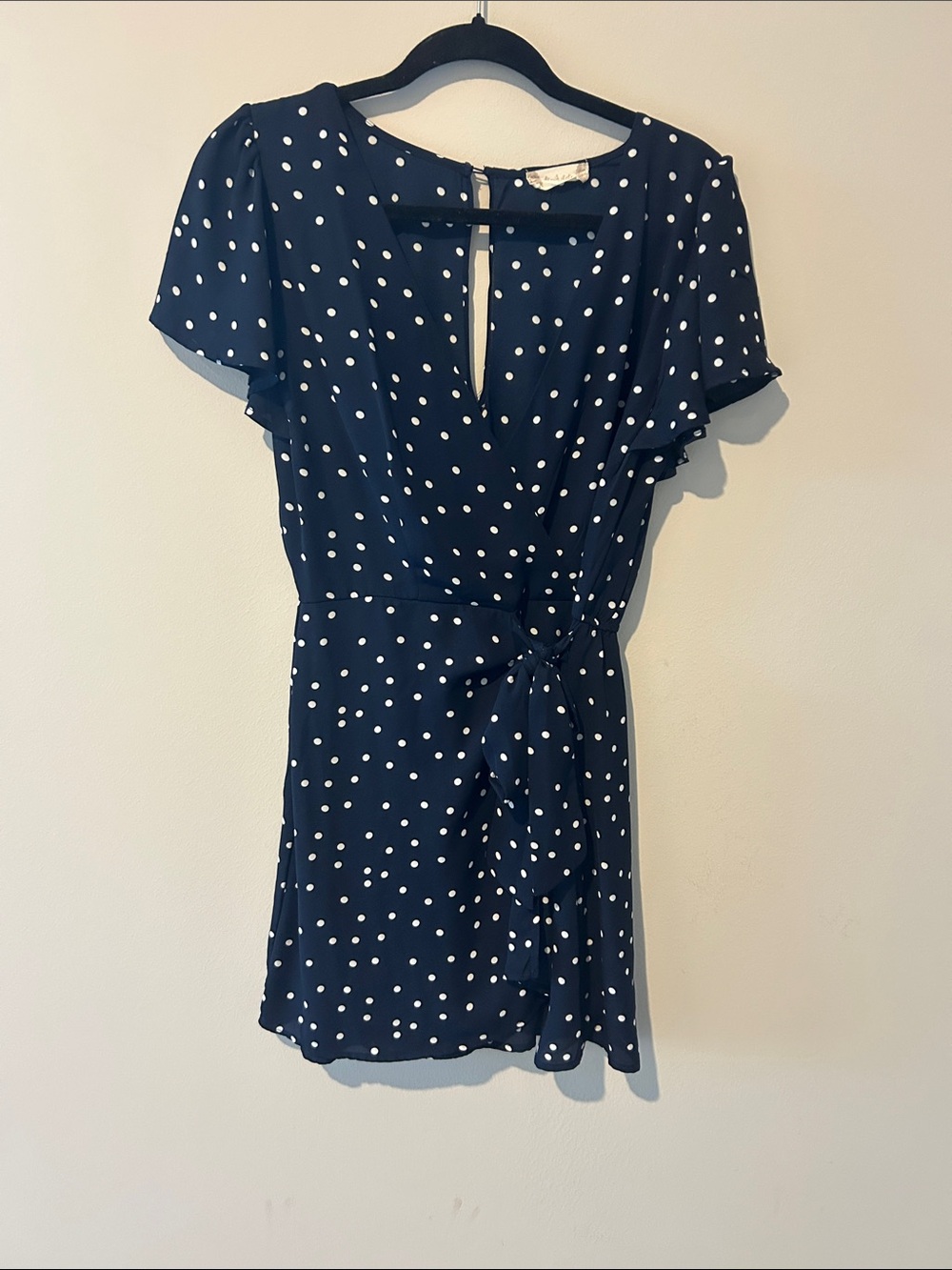 Altar’d State Polka Dot V-Neck Tie-Waist Womens Top - Navy